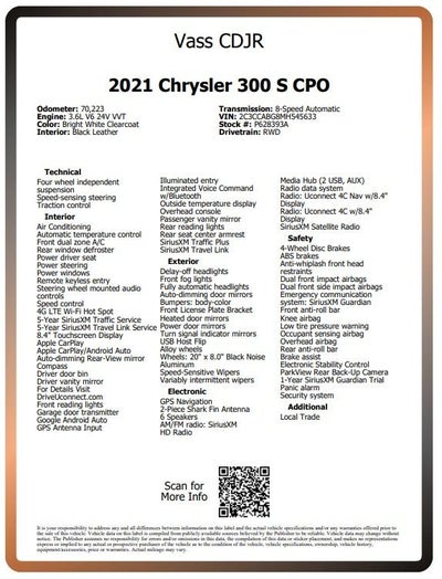 2021 Chrysler 300 S CPO